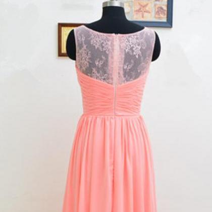 Pretty Light Coral Lace Long Simple Prom Dresses..