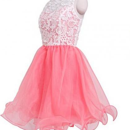 Cute Pink Short Lace Tulle Short Prom Dresses, Pink Homecoming Dresses ...