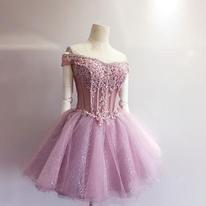 Cute Short Tulle Beadings Homecoming Dresses With..