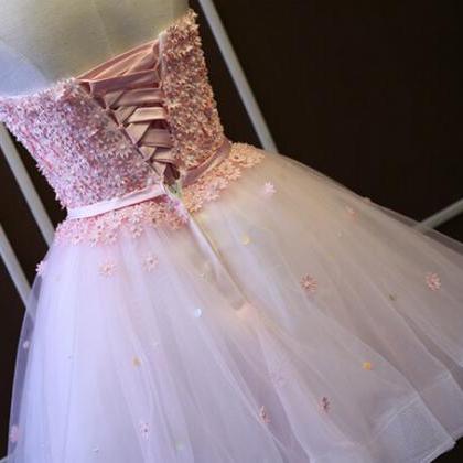 Cute Short Lace-up Pink And White Tulle Ball Gown..