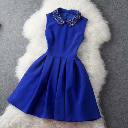 Fashion Blue Blue Dress With Collar, Women Blue..