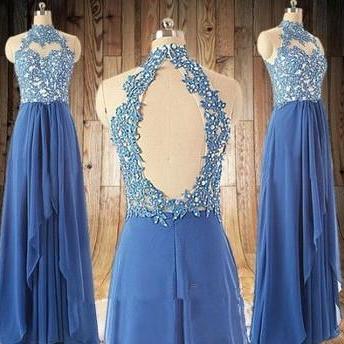 Beautiful Handmade Blue Halter Lace Applique Prom..
