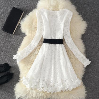 Cute White Long Sleeves Lace Dresses With Bow,..