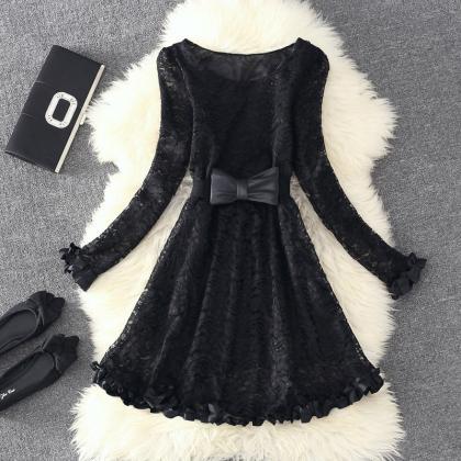 Cute White Long Sleeves Lace Dresses With Bow,..