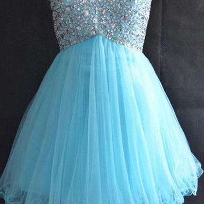 Beautiful Light Blue Beaded Short Prom Dresses..