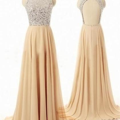 Beautiful Champagne Sequins Backless Prom Dresses..