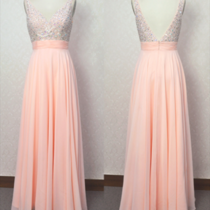 Beautiful Pink Long Chiffon Backless Prom Dresses..