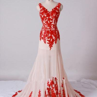 Beautiful Handmade V-neckline Prom Gown With Red..