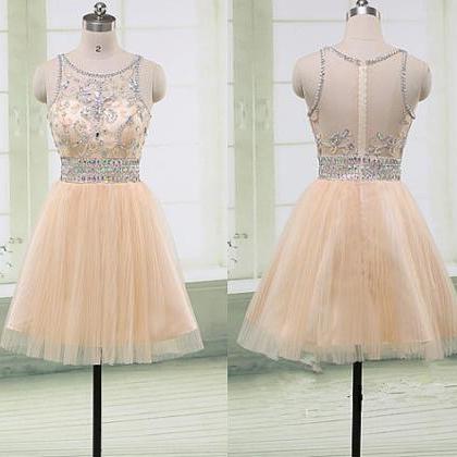 Cute Tulle Short Beaded Handmade Prom Dresses,..