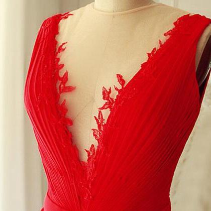 Beautiful Red Chiffon Long V-neckline Handmade..