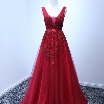 Charming Burgundy Tulle Long Prom Dress With Lace..