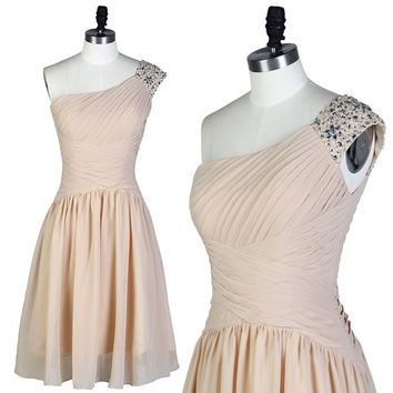 Cute Simple Short One Shoulder Champagne..