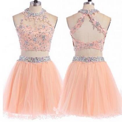 Blush Pink Two-piece Short Tulle Homecoming Dress..