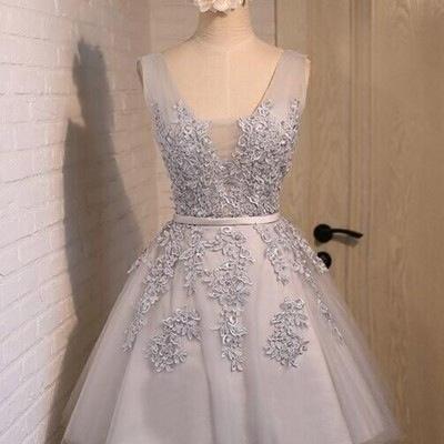 Lovely Grey Tulle Homecoming Dresses With Lace..