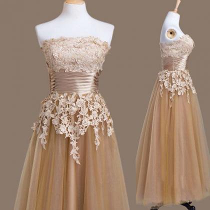Champagne Tea Length Tulle Homecoming Dress..