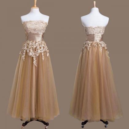 Champagne Tea Length Tulle Homecoming Dress..