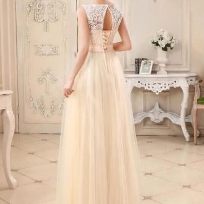 Lovely Champagne Tulle And Lace Long Handmade Prom..