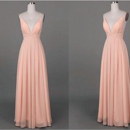 Elegant Pearl Pink Straps V-neckline Floor Length..