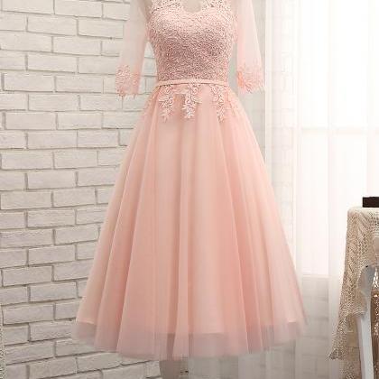 Cute Light Pink Tea Length Tulle Prom Dresses,..