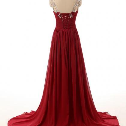 Pretty Chiffon Wine Red Long Beaded Prom Dresses,..
