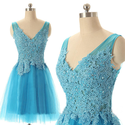 Cute Short Blue Tulle Prom Dresses, Blue..