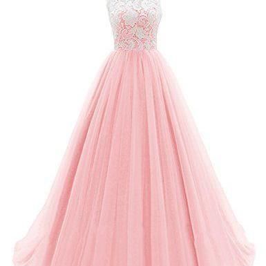 Lovely Pink Tulle And Lace Prom Gowns, Pink Long..