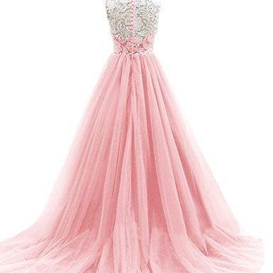 Lovely Pink Tulle And Lace Prom Gowns, Pink Long..