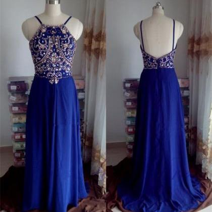 Pretty Blue Backless Beaded Long Party Dresses,..