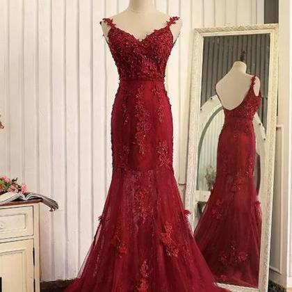 Gorgeous Tulle Mermaid Burgundy Lace Applique Prom..