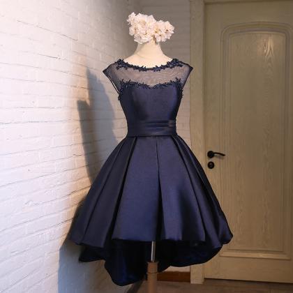 Cute Navy Blue High Low Satin Round Prom Dresses,..