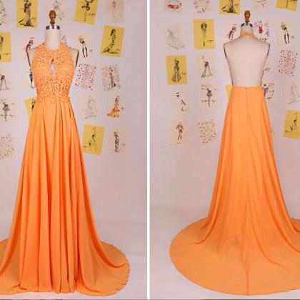 Fashion Halter Bright Orange Backless Floor Length..