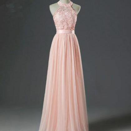 Cute Pink Halter Lace And Tulle Prom Dresses, Pink..