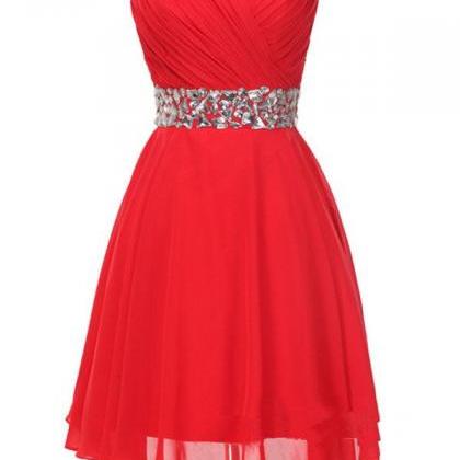 Red Chiffon Beaded Knee Length Prom Dresses, Red Homecoming Dresses ...