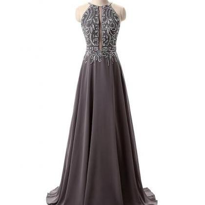 Delicate Beaded Straps Grey Chiffon Backless Floor..