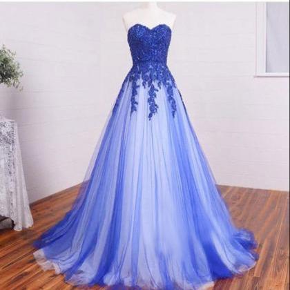 2017 Tulle Sweetheart Long Blue Lace Applique..
