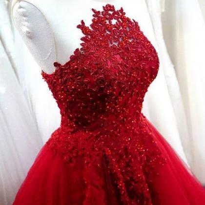 Beautiful Red Tulle Ball Gown Lace Applique And..