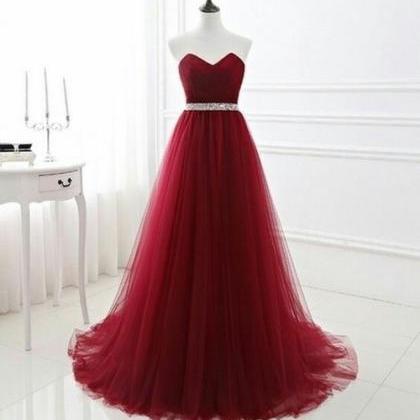 Gorgeous Wine Red Tulle Long Sweetheart Party Gowns, Floor Length Prom ...