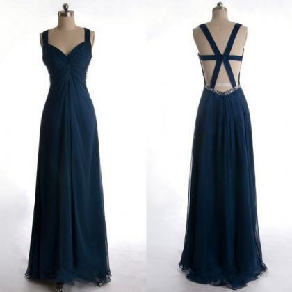 Long Navy Blue Chiffon Party Dresses, Prom Dress..