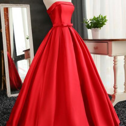 Red Ball Gown Long Satin Prom Dresses, Red Prom..