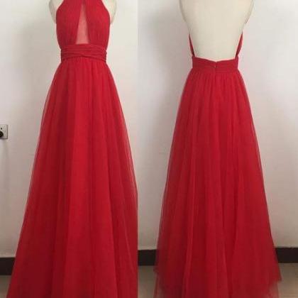 Red Halter Tulle Backless Prom Dresses, Red Party..
