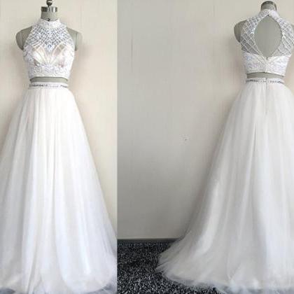 Stylish Ivory Tulle Beaded Two Piece Party Gowns,..