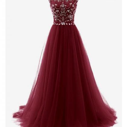 Charming Tulle Wine Red Beaded Prom Gowns, Long..