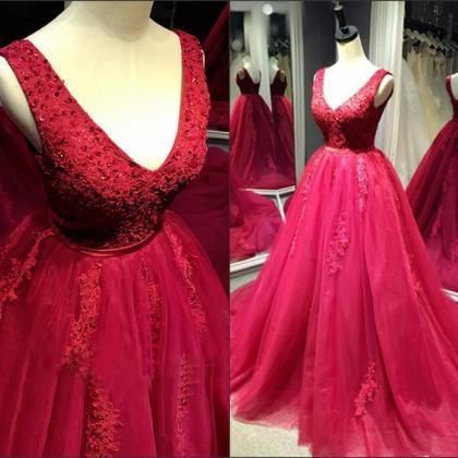 Red Tulle Ball Gown Lace Applique Formal Gowns,..