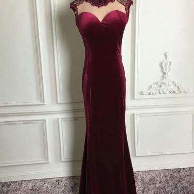 Elegant Burgundy Velvet Beaded Mermaid New Style Party Dresses, Prom Dresses 2018, Formal Gowns