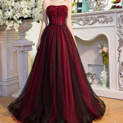 Dark Red and Black Tulle Beaded Long Party Dress, Prom Dress 2018, Formal Dress, Formal Gowns 