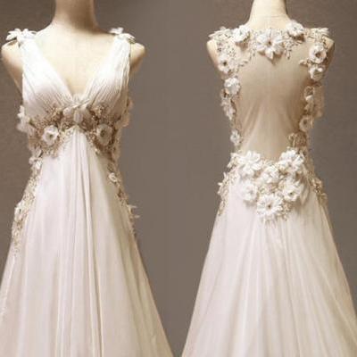 Simple Floral Long V--neckline Chiffon Elegant Party Dress, Pretty Formal Dress, Bridal Dresses