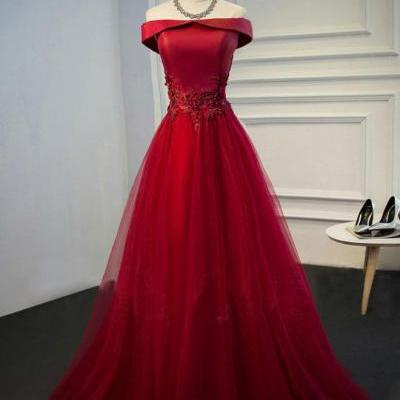 Red Satin and Tulle Off Shoulder Long Formal Gowns, Red Party Dress, Lace-up Back Party Dress