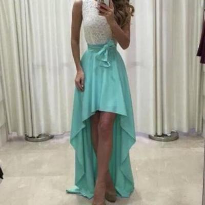 Chiffon and Lace High Low Round Neckline Prom Dress, Chiffon Prom Dress, Party Dress 2018