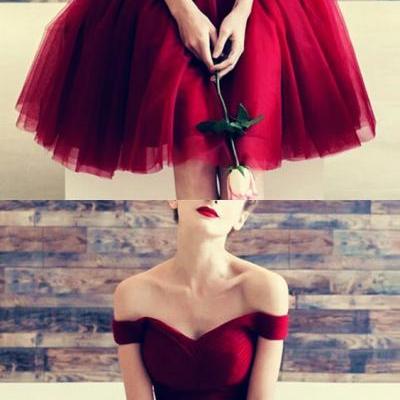 Lovely Sweetheart Wine Red Tulle V-neck Off The Shoulder Bridesmaid Dresses Knee Length Prom Homecoming Dress