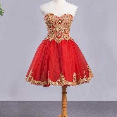 Red Sweetheart Tulle Short Homecoming Dress with Gold Applique, Short Formal Dresses, Red Homecoming Dress 2018